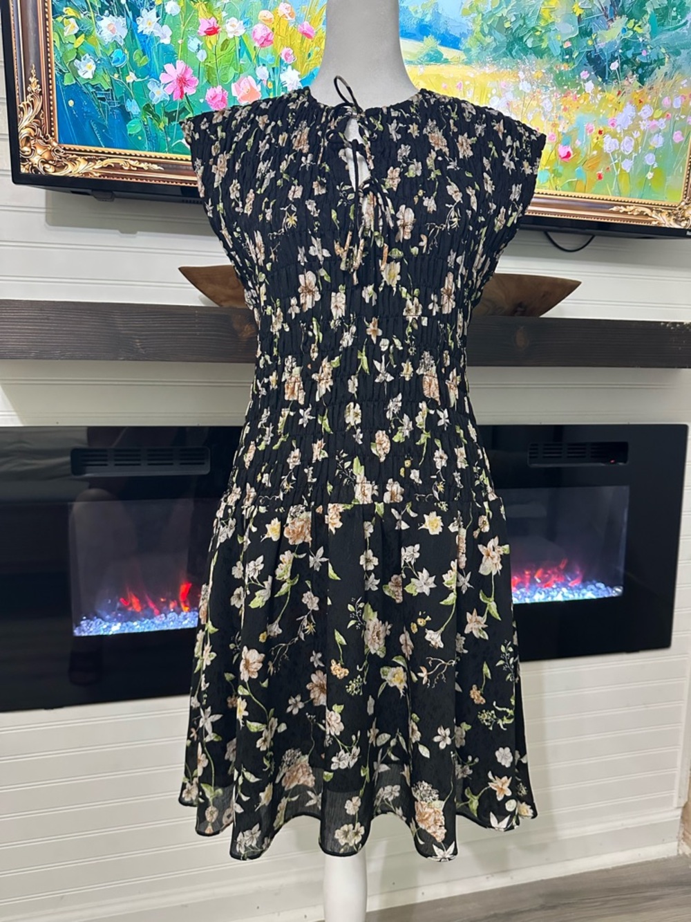 Heartloom Black Floral Smocked Midi Dress with Cream and Green Accents